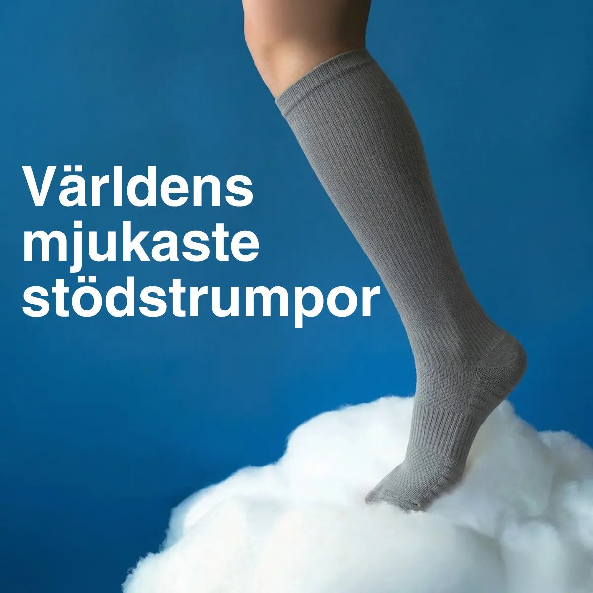 A person's leg in a grey compression sock stepping onto a fluffy white cloud against a blue background.